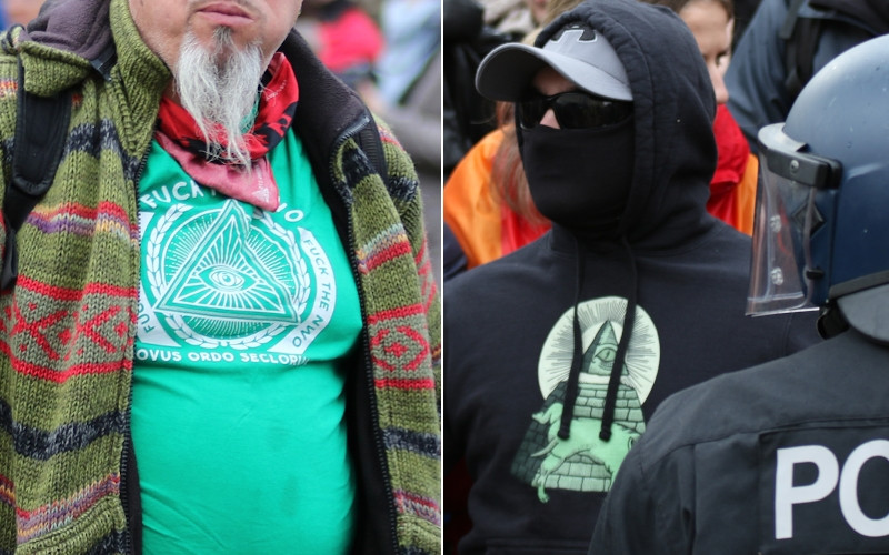 Die Shirt-Motive, die hier auf neonazistischen Aufmärschen gezeigt werden, bilden einen Ausschnitt der amerikanischen Ein-Dollar-Note ab.