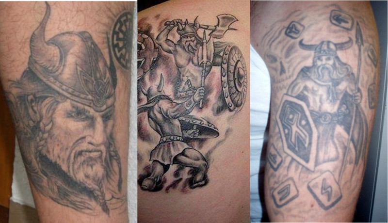 Wikinger-Tätowierungen hessischer Neonazis, gezeigt in den Jahren 2009 und 2010. Die Tätowierungen zeigen zudem Runen (unter anderem Sig-Rune und Odal-Rune) und die [Schwarze Sonne](/die-symbolwelt/nationalsozialismus/schwarze-sonne).
