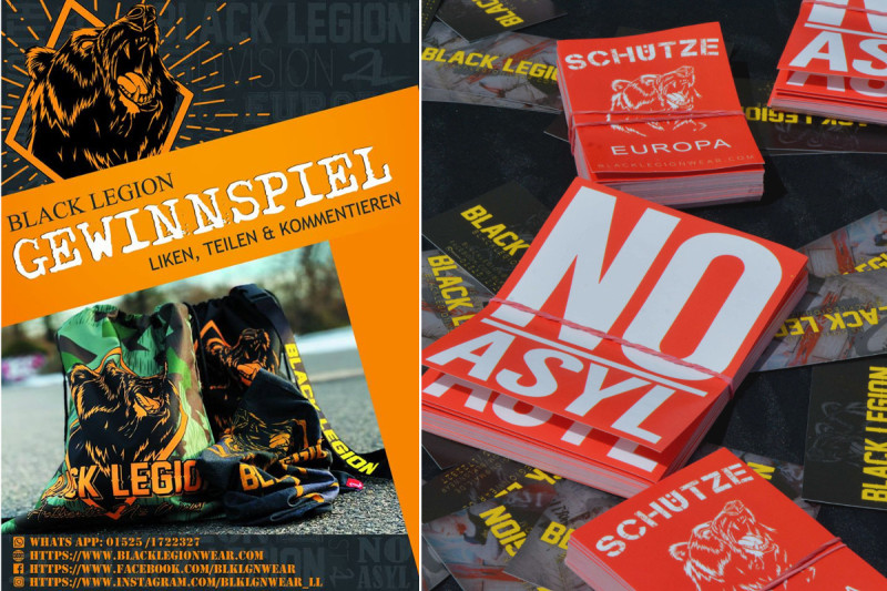 links: »Gewinnspiel« von Black Legion, verbreitet über Facebook, rechts: Foto von einem Stand von Black Legion auf einem Nazirock-Festival 2017 in Thüringen.