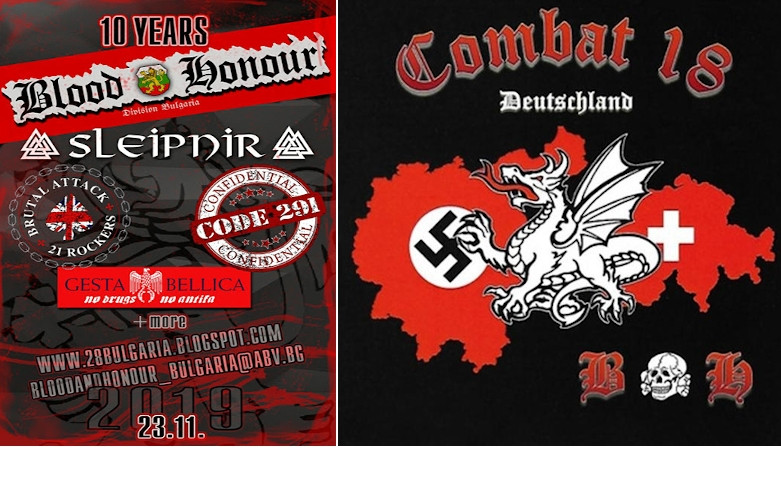 Links: Die Konzerte von Blood & Honour dienen als Kulisse für Treffen, auf denen vieles besprochen wird. Selbst bei kleineren Konzerten kommen die Teilnehmenden und die Bands in der Regel aus mehreren Ländern. Für ein Konzert am 23. November 2019 in Bulgarien waren beispielsweise Sleipnir (Deutschland), Brutal Attack (England), Gesta Bellica (Italien) und Code 291 (Schweden) angekündigt.
Rechts: Die Herstellung und Verbreitung dieses illegalen Musiksamplers im Jahr 2018 wurde von Mitgliedern von von Blood & Honour / Combat 18 aus Bayern, Thüringen, Hessen und Ungarn organisiert. Auf der CD sind Musikstücke von BH/C18-Bands aus Deutschland und der Schweiz enthalten. Die CD brachte in Deutschland mehreren Personen ein Ermittlungsverfahren wegen der Weiterführung der hierzulande verbotenen Organisation Blood & Honour ein. Ein Abschluss des Verfahrens ist nicht bekannt.