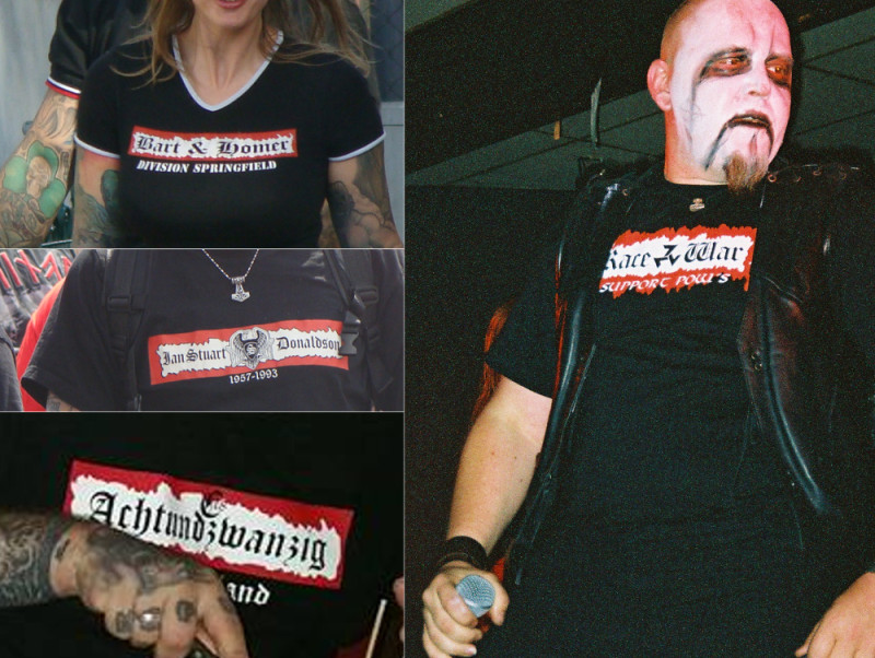 Das rechte Foto zeigt ein Motiv der deutschen Neonaziband Race War. Der Schriftzug unter »Race War« lautet »Support POW's« (POW = Prisoner of War).