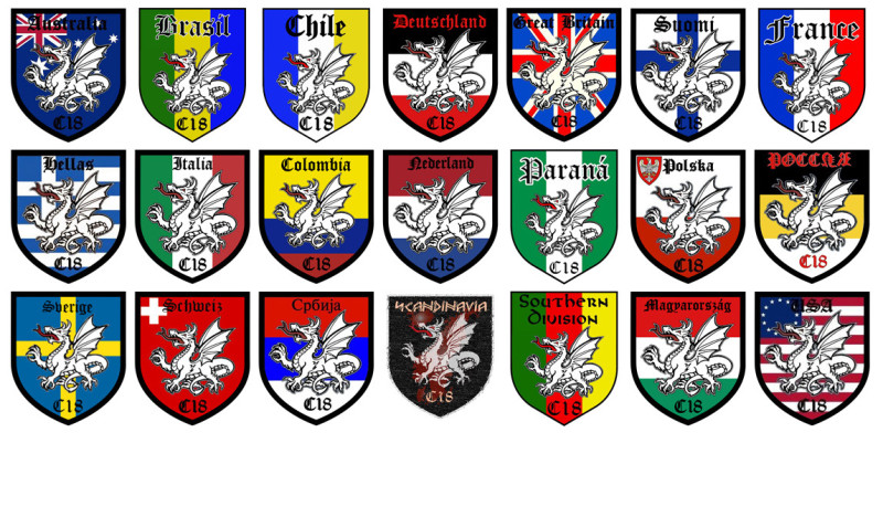Die Wappen der verschiedenen Divisionen (= Länderabteilungen) des 2012 reorganisierten Combat 18-Netzwerkes zeigen in der Regel neben dem Gruppensymbol, dem Drachen, die jeweiligen Staatsflaggen. Doch es gibt Ausnahmen. So zeigt das deutsche C18 die Farbkombination [Schwarz-Weiß-Rot](sally://48/) statt Schwarz-Rot-Gold, im Wappen der US-amerikanischen Division finden sich statt der 50 Sterne des »Star-Spangled Banner« (für die 50 Bundesstaaten der USA) nur 13 Sterne, die die Bundesstaaten der Confederate States of America darstellen (siehe: [Südstaatenfahne](/die-symbolwelt/rassismus/sudstaatenfahne-kriegsflagge-der-konfoderierten)).