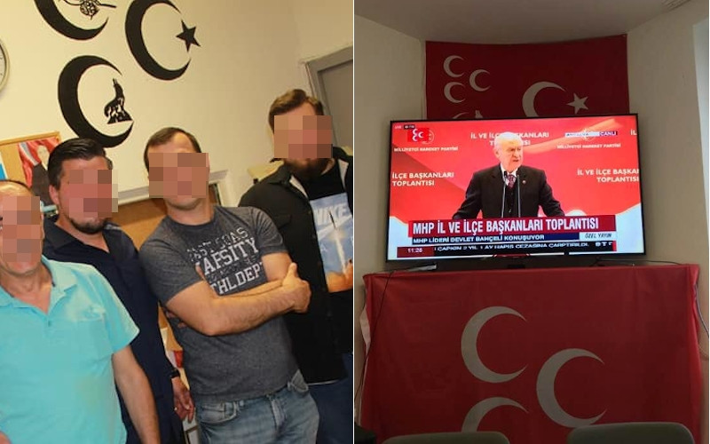 Fahnen und Wandmalerei in einem Treffpunkt der Grauen Wölfe in Unterfranken.
