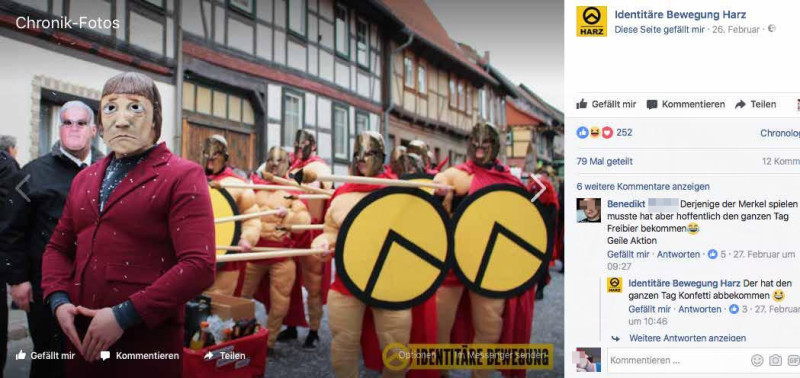Bei einem Karnevalsumzug in Derenburg (Sachsen-Anhalt) 2017 inszenierten sich Aktive der Identitären Bewegung als spartische Krieger, die mit ihren Lanzen Personen mit Masken bekannter Politiker_innen vor sich hertreiben. Diese Inszenierung geht zurück auf den Film „300“ aus dem Jahr 2007. Der Streifen erzählt eine fiktive Version der »Schlacht bei den Thermopylen«, die etwa 480 v. Chr. stattfand. Damals sollen sich 300 Krieger aus Sparta in Griechenland einem vielfach überlegenen persischen Heer entgegengestellt haben. Inspiriert durch »300« wurden die Krieger Spartas hierzulande für extrem rechte Gruppen wie die Identitäre Bewegung und die Hooligans gegen Salafisten (HoGeSa) zu historischen Bezugsgrößen und werden von ihnen zu Verteidigern eines Europas gegen die »Invasion aus dem Morgenland« stilisiert.