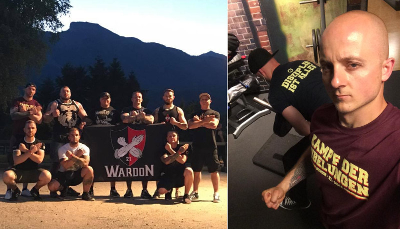 Bandmitglied von Terrorsphära auf einem Promotionsbild von Kampf der Nibelungen und auf einen Gruppenbild von Wardon (rechts, stehend). Wardon schreibt über sich selbst: »WARDON steht für die Vereinigung erwachter Deutscher, welche es sich zum Ziel gesetzt haben, dem Ideal wahrer Volksgesundheit zuzustreben. Da ein gesunder Geist nur in einem gesunden Körper entstehen und wachsen kann, gilt unser Hauptaugenmerk dem Errichten unseres Körpers als Bollwerk unseres Geistes und Schutzwall für unsere arteigenen Stärken.« Der Gruß von Wardon sind die gekreuzten Arme, die eine Hand ausgestreckt, die andere zur Faust geballt.