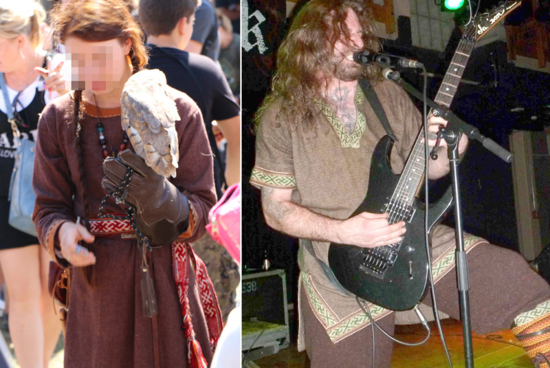 Bild links: Reenactment-Darstellerin auf einem Treffen in Polen 2017, rechts: Deutscher Reenactment-Darsteller und Pagan Metal-Musiker auf der Bühne. In die Kleidungsmuster sind Hakenkreuze eingewoben. Mittelalterliche Vorlagen für diese Muster sind nicht bekannt.
Da es sich bei der Darstellerin auf Bild links um eine möglicherweise jugendliche Person handelt, wurde sie unkenntlich gemacht.
