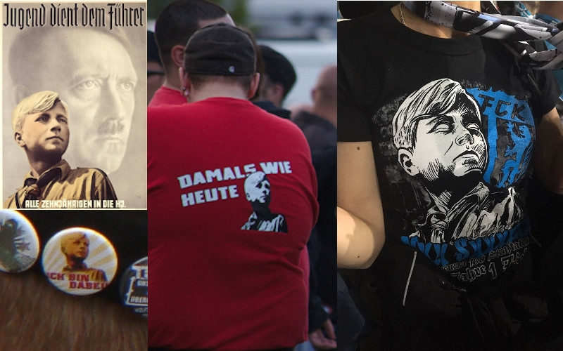 links: Plakat der Hitler-Jugend, rechts Shirt der Neonazigruppe »New Society« (NS-Boys) aus Sachsen