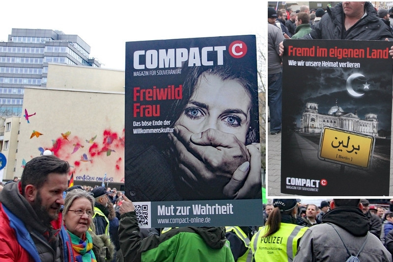 Bilder von einem rechten »Frauenmarsch zum Kanzleramt« am 17. Februar 2018. Anmelderin war die AfD-Aktivistin Leyla Bilge. Die dort gezeigten Cover vom COMPACT-Magazin verdeutlichen, wie die Forderung nach Schutz von Frauen vor Übergriffen rassistisch aufgeladen wird. Die Gewaltvorfälle werden nicht als gesamtgesellschaftliches Problem betrachtet, stattdessen wird mithilfe rassistischer Zuschreibungen behauptet, dass als nicht-deutsch oder insbesondere muslimisch wahrgenommene Männern zu einer höheren Aggressivität gegenüber Frauen neigen würden. Medien wie COMPACT verstärken dieses Vorurteil durch eine bewusst verzerrende Berichterstattung, in der die Taten von Nicht-Deutschen überbetont und andere Tätergruppen verschwiegen werden.