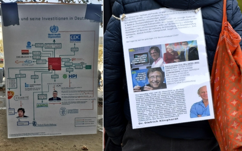 Plakate auf einer Kundgebung von Querdenken im November 2020 in Wiesbaden (links) und auf einer »Hygiene-Demonstration« im April 2020 in Berlin (rechts).