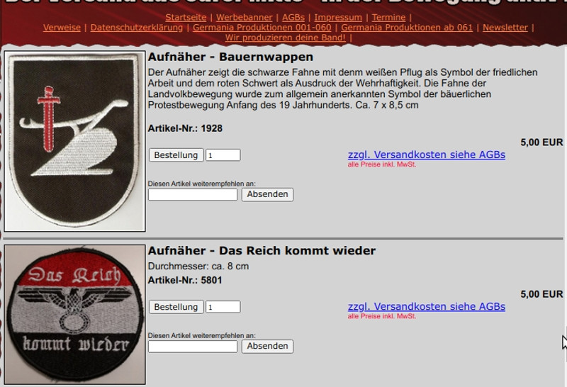 Das Symbol der Landvolkbewegung als Aufnäher im neonazistischen Handel 2020.